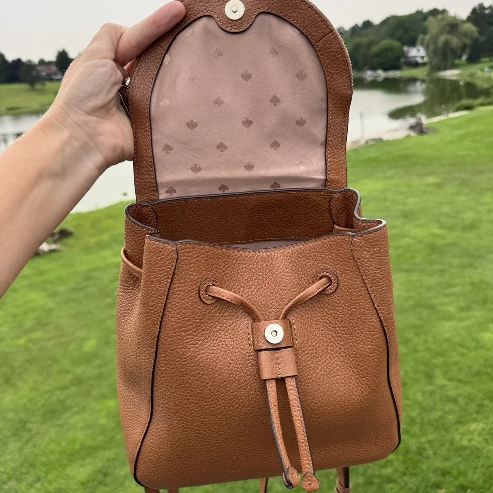 Kate Spade New York Brown Pebbled Drawstring Backpack ~ Pouch Zip Pocket